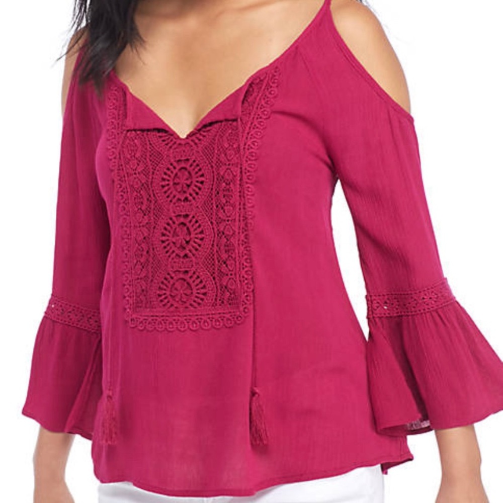 NWT embroidery inset cold shoulder tie tassels bell sleeve top by Eyeshadow